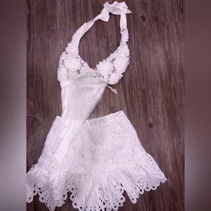 Chic White Lace Halter Top and Skirt Set
